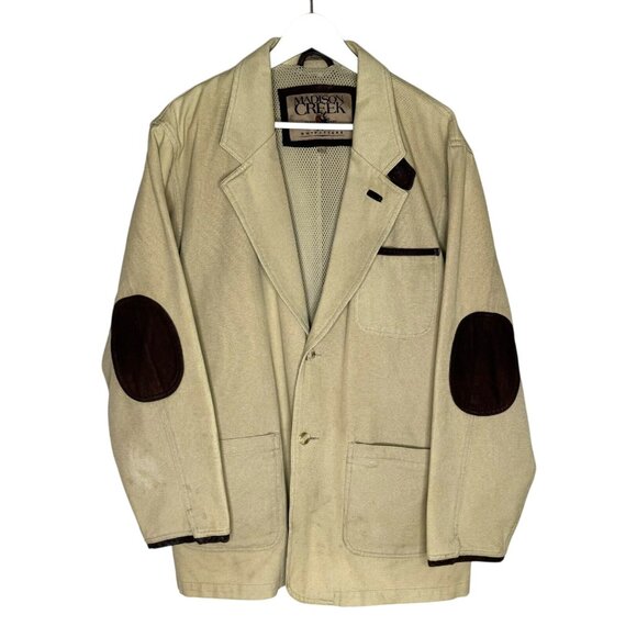 Vintage 90s Men's Khaki Canvas Sport Coat w/ Brown Elbow Patches, Size Large - Picture 1 of 9